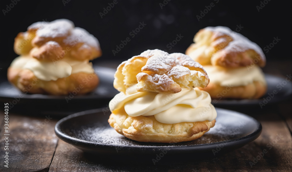 Cream puffs dusted with powdered sugar sit on a black plate Cream puffs dusted with powdered sugar sit on a black plate