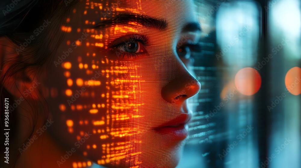 Double exposure of a facial recognition scan and soundwave patterns, highlighting biometric security and futuristic technology in a dynamic visual style Double exposure of a facial recognition scan and soundwave patterns, highlighting biometric security and futuristic technology in a dynamic visual style
