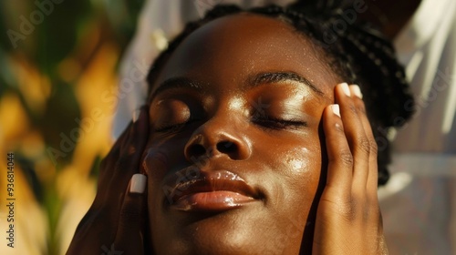 The hands of a skilled practitioner gently massage the face of a relaxed Black woman, creating a calming atmosphere immersed in soft natural light photo