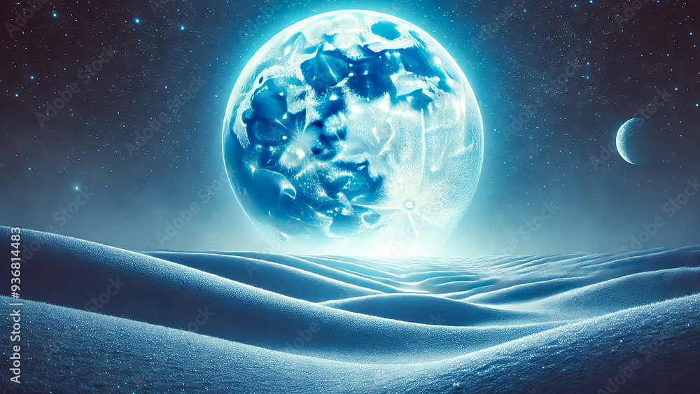 Fototapeta premium blue moon rising over a snowy landscape, with the snow reflecting the cold