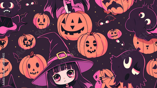 Anime Manga Halloween Witch Seamless Tile Pattern Design