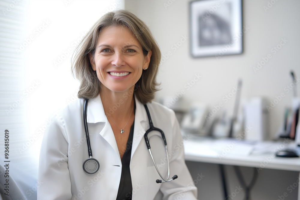 happy cheerful smiling middle-aged female doctor in a coat with a stethoscope in a doctor's office, generative AI
