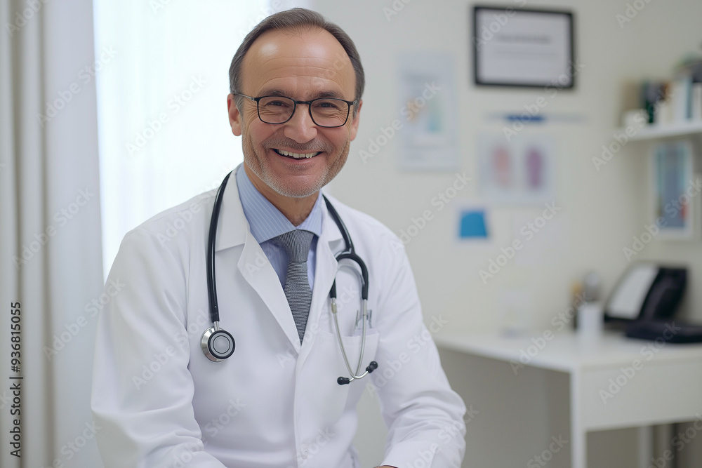 happy cheerful smiling middle-aged doctor in a coat with a stethoscope in a doctor's office, generative AI happy cheerful smiling middle-aged doctor in a coat with a stethoscope in a doctor's office, generative AI