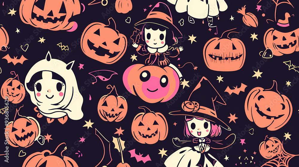 Anime Manga Halloween Witch Seamless Tile Pattern Design Anime Manga Halloween Witch Seamless Tile Pattern Design