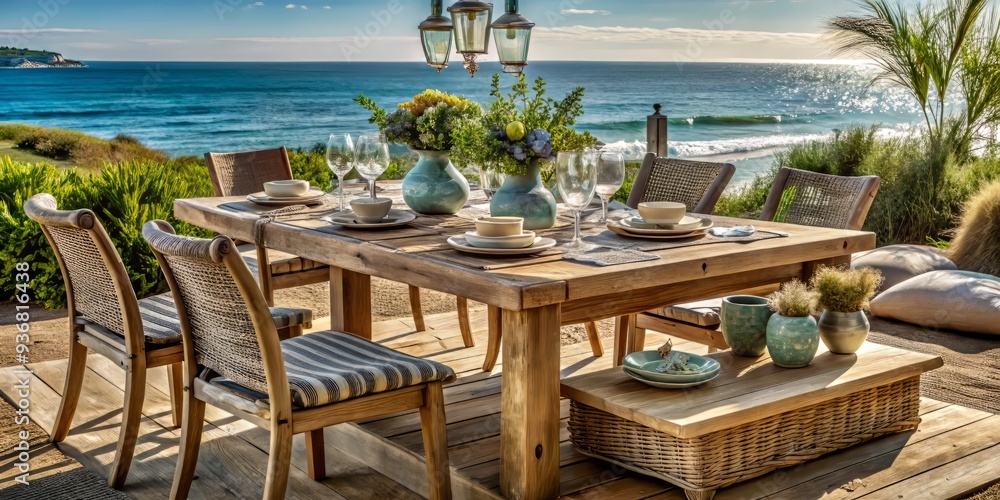 Obraz premium Rustic charm meets coastal cool, this outdoor table sets a stylish scene for gatherings, featuring driftwood-inspired legs and weathered wood planks in a soothing beachy color palette.