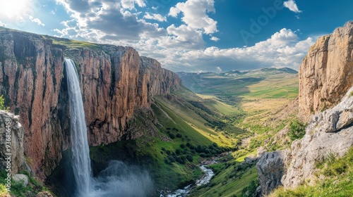 Panoramic image of Tortum (Uzundere) waterfall from down in Uzundere. Landscape view of Tortum Waterfall in Tortum,Erzurum,Turkey. Explore the world's beauty and wildlife , ai