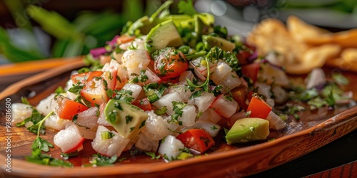 Ceviche of Fish with Tomato, Avocado, and Fried Green on a Rustic Platter