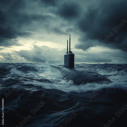 Powerful Submarine Navigating Through Stormy Ocean Waters Under Dark Clouds, Capturing Naval Strength and Resilience in a Dramatic Marine Scene
