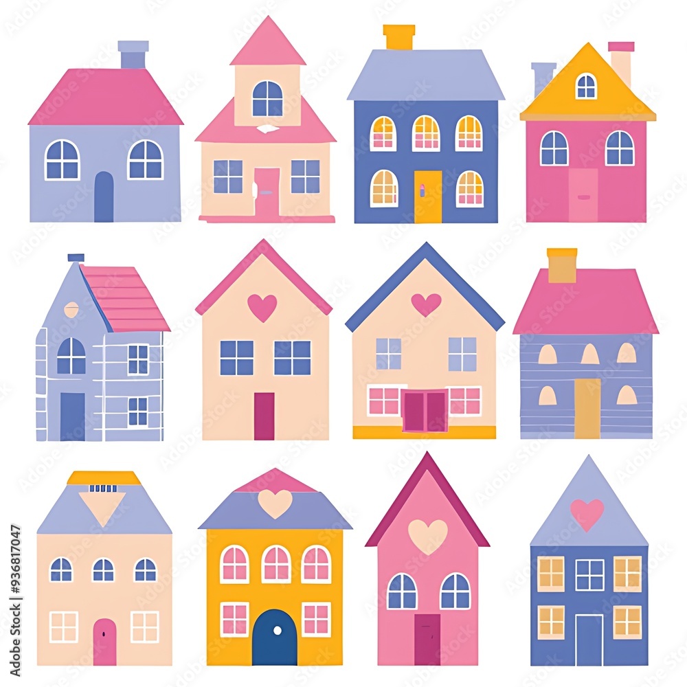 Fototapeta premium Charming Cartoon Houses Collection - Cozy Hand-Drawn Doodle Homes