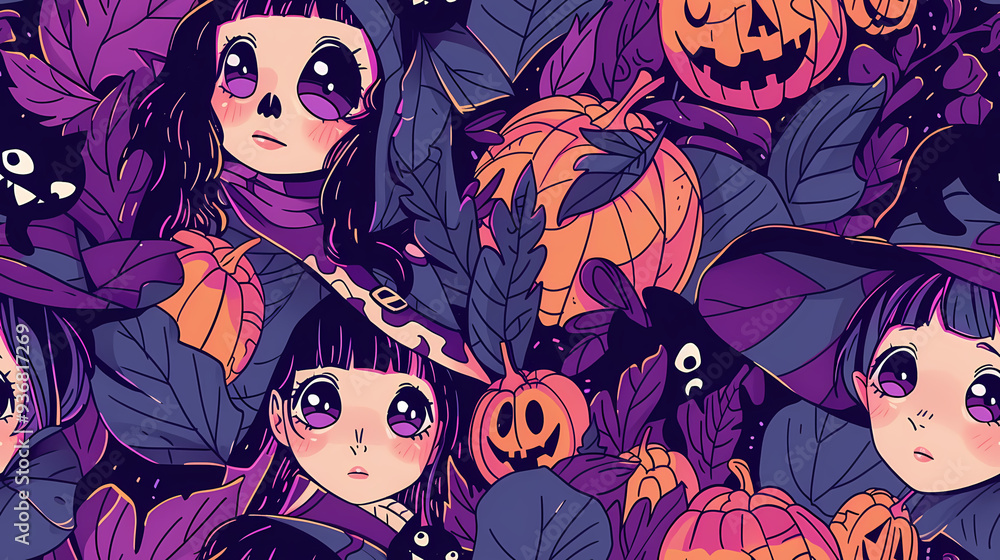 Anime Manga Halloween Witch Seamless Tile Pattern Design