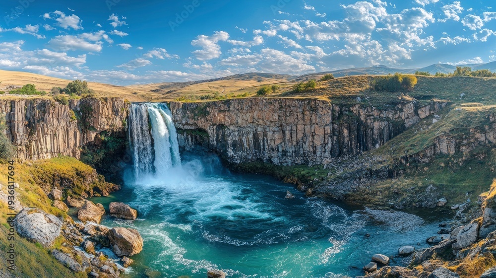 Fototapeta premium Panoramic image of Tortum (Uzundere) waterfall from down in Uzundere. Landscape view of Tortum Waterfall in Tortum,Erzurum,Turkey. Explore the world's beauty and wildlife , ai