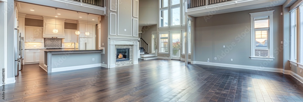 Elegant living space featuring hardwood flooring and a fireplace, highlighting perspectives of the kitchen corridor and loft area. Elegant living space featuring hardwood flooring and a fireplace, highlighting perspectives of the kitchen corridor and loft area.
