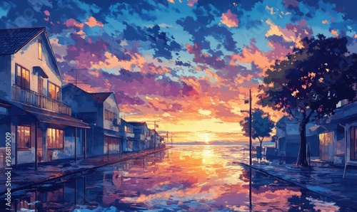 A picturesque waterfront town with a vibrant sunset reflected in the wet streets.