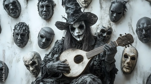 A spectral minstrel holding a broken lute, surrounded by floating Halloween masks, dark and mysterious, Victorian horror style, isolated on white background