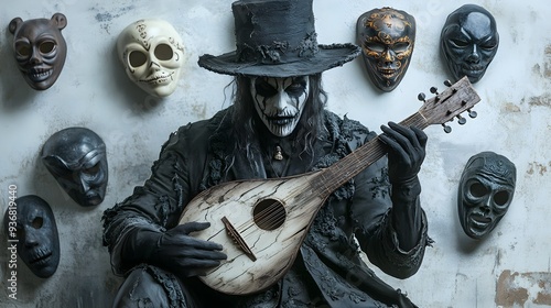 A spectral minstrel holding a broken lute, surrounded by floating Halloween masks, dark and mysterious, Victorian horror style, isolated on white background