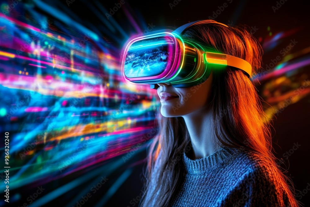 A woman immersed in a virtual reality experience surrounded by vibrant streaks of light symbolizing the energy and intensity of modern digital technology A woman immersed in a virtual reality experience surrounded by vibrant streaks of light symbolizing the energy and intensity of modern digital technology
