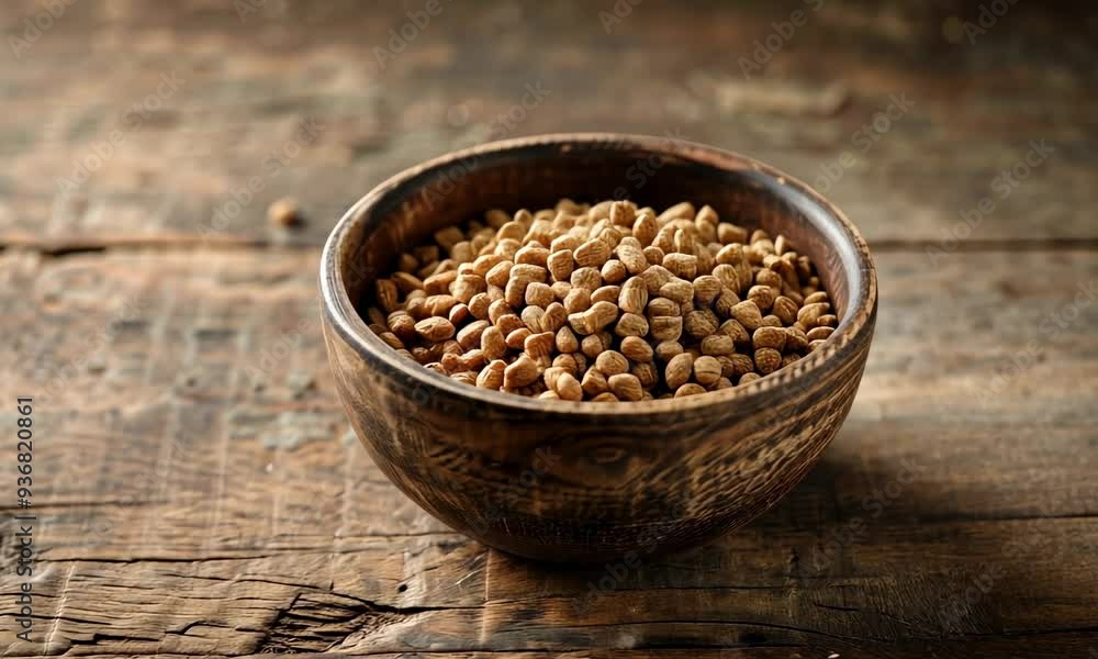 Bowl of dry dog food on a rustic wooden surface Bowl of dry dog food on a rustic wooden surface