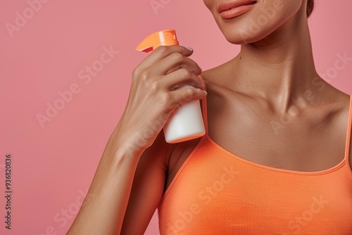 Close-up of person's face with freckles, applying sunscreen cream on cheek under clear blue sky. Beautiful simple AI generated image photo