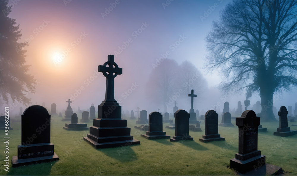 A foggy morning at a cemetery, with tall, elegant tombstones scattered throughout the grass and a tree casting a long shadow A foggy morning at a cemetery, with tall, elegant tombstones scattered throughout the grass and a tree casting a long shadow