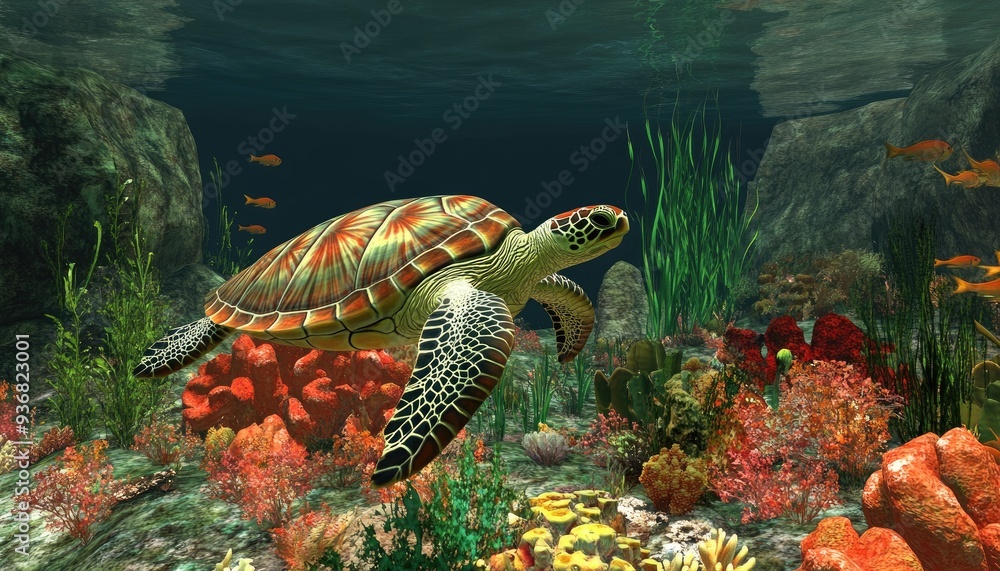 Obraz premium A sea turtle swims through a vibrant coral reef with colorful fish.