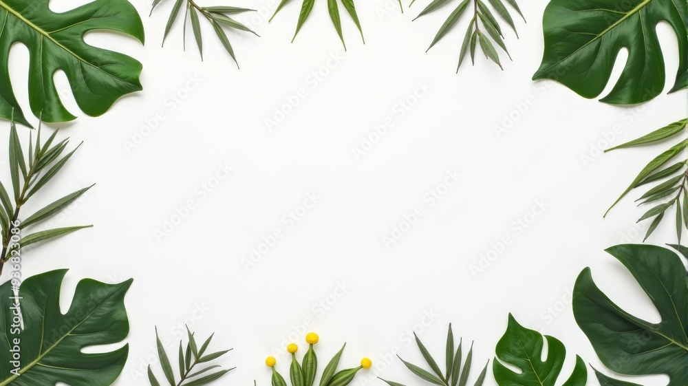 Tropical Green Leaves Frame Background with Yellow Flowers for Nature and Botany Concepts