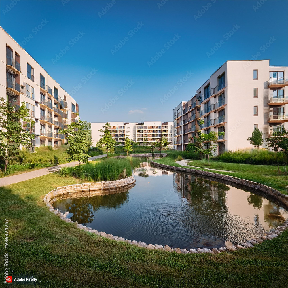 Obraz premium 저층 아파트 단지 사이에 있는 작은 연못