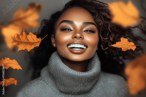 Wallpaper Mural A joyful woman with a radiant smile surrounded by autumn leaves in a cozy sweater, captured in a warm atmosphere reflecting the essence of a vibrant fall day Torontodigital.ca