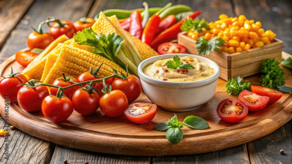 Vibrant medley of fresh vegetables, crunchy carrot, juicy tomato, and sweet corn, topped with creamy hummus and crispy tortilla strips, served on a wooden board. Vibrant medley of fresh vegetables, crunchy carrot, juicy tomato, and sweet corn, topped with creamy hummus and crispy tortilla strips, served on a wooden board.