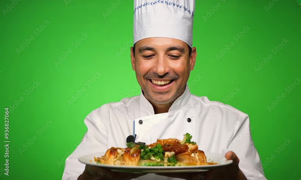 Chroma Green Screen Close-Up of Glad Chef Presenting Plated Dish Chroma Green Screen Close-Up of Glad Chef Presenting Plated Dish