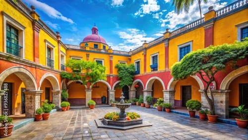 Vibrant Mexican architecture and lush greenery surround tranquil courtyard at Anahuacalli Museum on a warm sunny day in Mexico City, CDMX, Mexico. photo