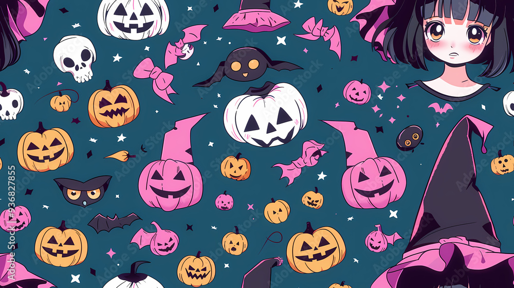 Seamless Halloween Witch Tile Pattern in Anime Manga Style Seamless Halloween Witch Tile Pattern in Anime Manga Style