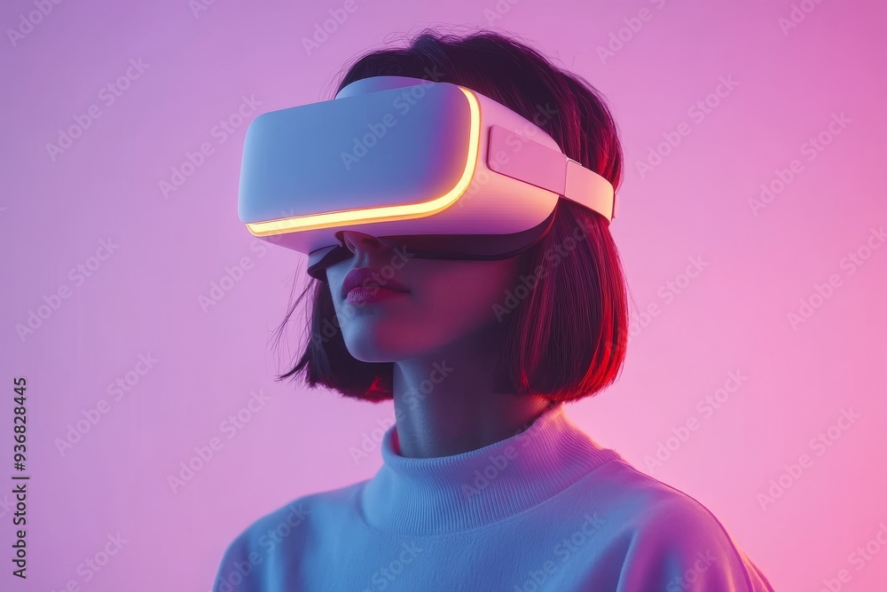 A woman standing in a glowing pink environment wearing a VR headset symbolizing the ethereal and immersive nature of modern digital technology in a dreamlike setting A woman standing in a glowing pink environment wearing a VR headset symbolizing the ethereal and immersive nature of modern digital technology in a dreamlike setting