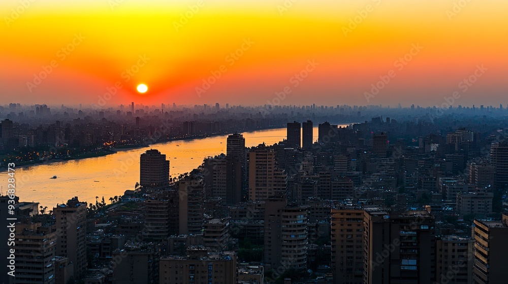 Obraz premium Cairo's Enchanting Sunset: Aerial Cityscape Amidst the Blues Moment, Glimmering Lights, and the Elegance of an Ancient Metropolis