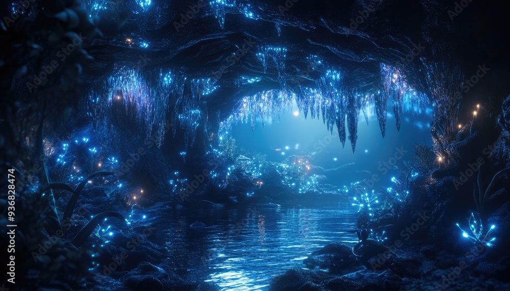 Fototapeta premium Bioluminescent plants glow in a dark, mysterious cave with an ethereal blue light and a still water pool.