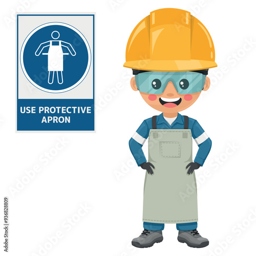 Industrial safety engineer wearing an apron to protect his body. Use protective apron sign. Safety first. Personal protective equipment. Industrial safety and occupational health at work