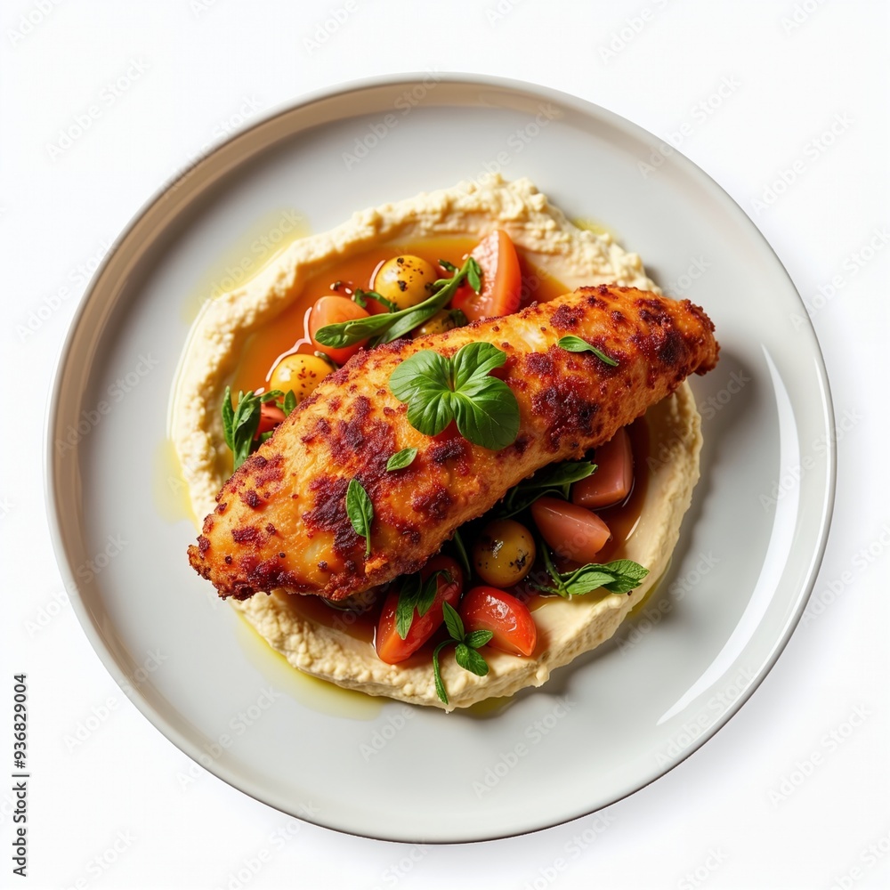Deliciously plated crispy fish served with hummus and fresh vegetables, perfect for promoting healthy eating, restaurants, or culinary presentations. Deliciously plated crispy fish served with hummus and fresh vegetables, perfect for promoting healthy eating, restaurants, or culinary presentations.