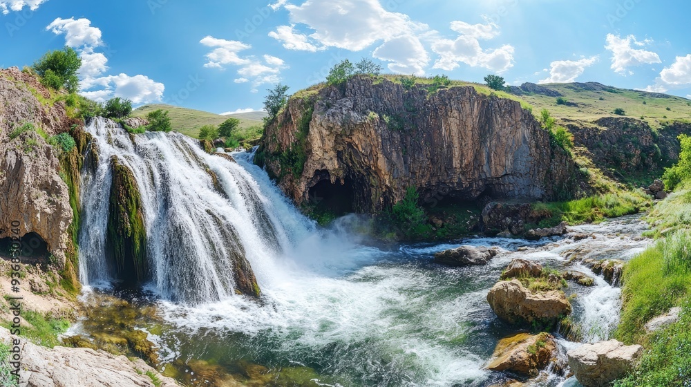 Panoramic image of Tortum (Uzundere) waterfall from down in Uzundere. Landscape view of Tortum Waterfall in Tortum,Erzurum,Turkey. Explore the world's beauty and wildlife , ai Panoramic image of Tortum (Uzundere) waterfall from down in Uzundere. Landscape view of Tortum Waterfall in Tortum,Erzurum,Turkey. Explore the world's beauty and wildlife , ai