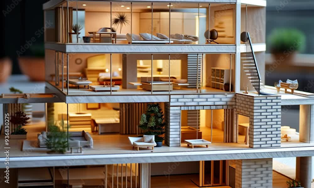A detailed model showcases a multi-story home's interior design and furnishings A detailed model showcases a multi-story home's interior design and furnishings