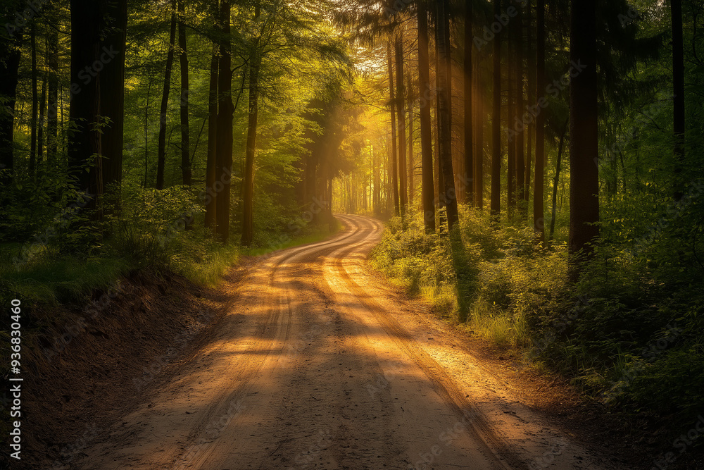 Naklejka premium forest sand road in beautiful green forest in summer, generative AI