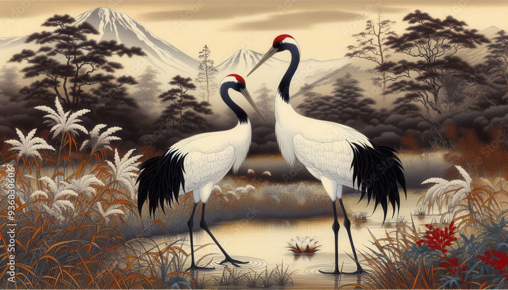 Fototapeta premium 浮世絵（Ukiyoe）／鶴 