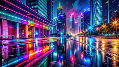 Vibrant neon hues dance across wet asphalt, casting a kaleidoscope of reflections that mirror the urban night scene's electric energy and futuristic ambiance.