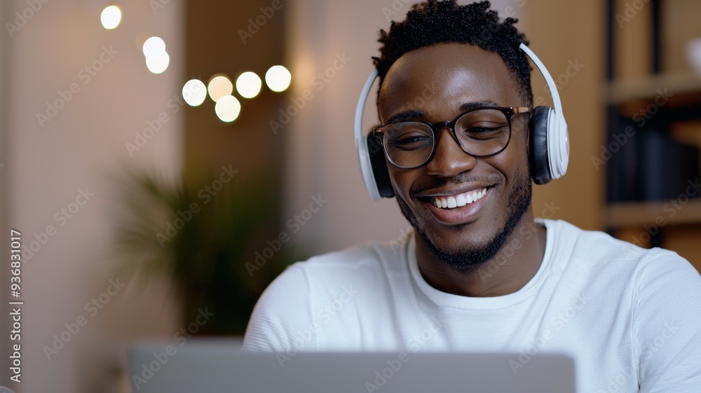 A man wearing glasses and headphones is smiling while using a laptop A man wearing glasses and headphones is smiling while using a laptop