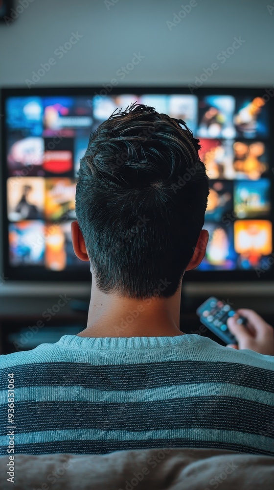A person sits comfortably on a couch, gazing at a large screen filled with various streaming options, holding a remote control A person sits comfortably on a couch, gazing at a large screen filled with various streaming options, holding a remote control