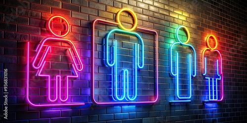 Vibrant neon illustration of a gender-neutral WC sign on a dark background, symbolizing modernity, diversity, and inclusivity in a futuristic urban environment. photo