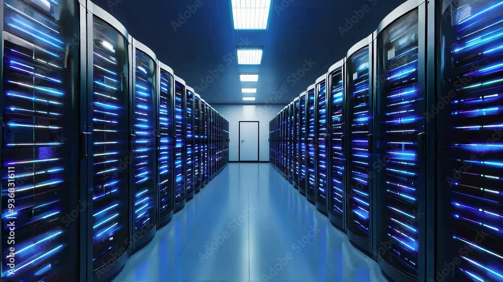 A modern data center featuring rows of server racks illuminated by blue lights, highlighting advanced technology and structure. A modern data center featuring rows of server racks illuminated by blue lights, highlighting advanced technology and structure.