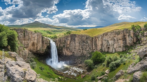 Panoramic image of Tortum (Uzundere) waterfall from down in Uzundere. Landscape view of Tortum Waterfall in Tortum,Erzurum,Turkey. Explore the world's beauty and wildlife , ai