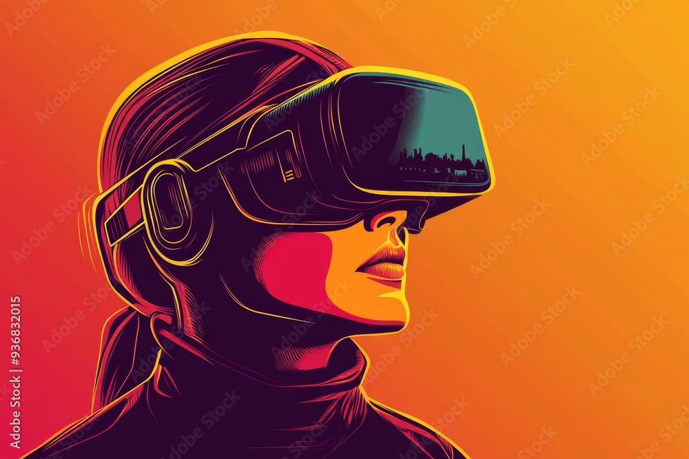 Bold pop art inspired illustration of a person in a VR headset against a bright orange background merging modern digital experiences with retro visual aesthetics Bold pop art inspired illustration of a person in a VR headset against a bright orange background merging modern digital experiences with retro visual aesthetics