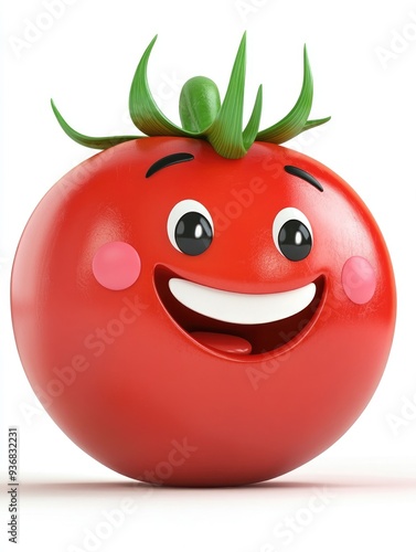 Happy red tomato cartoon character with green leaves on top.