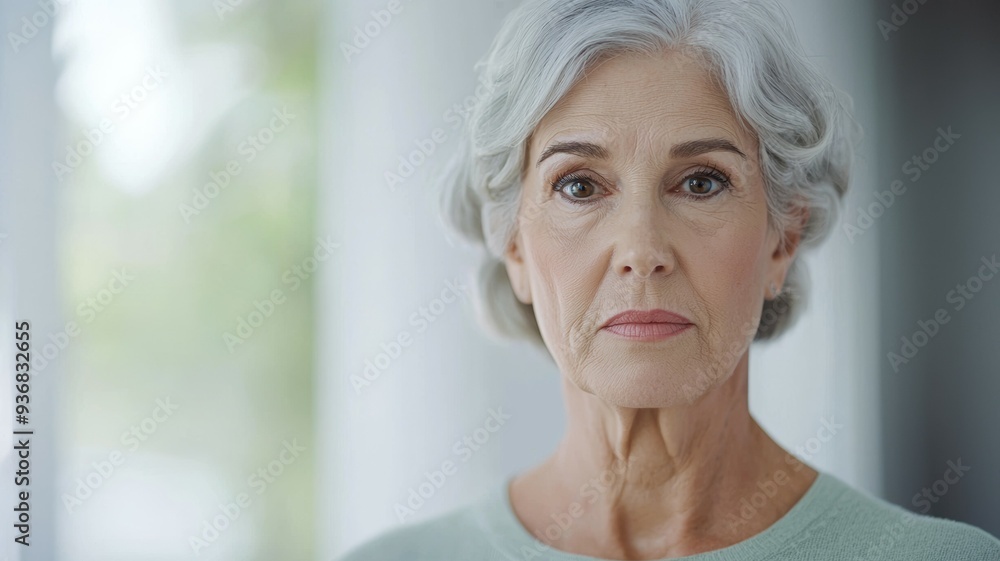 A woman with grey hair and a green shirt is looking at the camera A woman with grey hair and a green shirt is looking at the camera