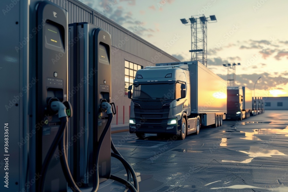 Delivery truck loaded with cardboard boxes at a sunset-lit warehouse dock.. Beautiful simple AI generated image Delivery truck loaded with cardboard boxes at a sunset-lit warehouse dock.. Beautiful simple AI generated image